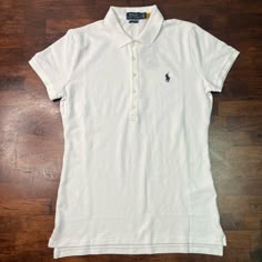 Sz Medium White Polo Womens Shirt White Cute Shirt, White Fitted Polo Shirt For Work, Fitted White Polo Shirt For Work, Casual White Polo Shirt For Work, White Polo Collar Basic Top, Basic White Polo Collar Top, Basic Fitted Polo Collar Top, Basic Fitted Polo Tops, White Fitted Polo Collar Shirt