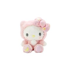 a hello kitty stuffed animal with a pink bow on its head, sitting in front of a white background