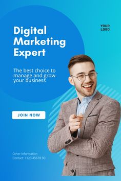 a man in a suit and glasses with the words digital marketing expert