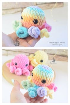 there is a small crocheted stuffed animal that looks like an octopus in different colors