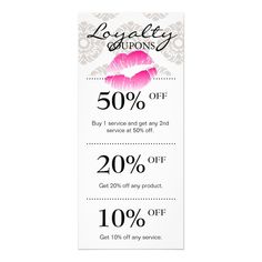 311 Salon Spa beauty loyalty card / discount coupon program. Just customize to your liking. R#11109876543-2210  FREE  graphic design for ALL!! Grab your COFFEE / TEA & construct your custom design now!! See more designs @ http://www.zazzle.com/thefashioncafe R#223-989-0675-454-122.5# All designs copyright 2012 - 2015 bestcards. (^^) () 1 pack of 100 (price as shown) :: 2 packs of 100 SAVE 15% :: 3 packs of 100 SAVE 30% :: 5 packs of 100 SAVE 30% :: 10 packs of 100 SAVE 45% :: 20 packs of 1 Salon Promotions, Rack Card Templates, Spa Marketing, Beauty Lips, Spa Business, Salon Suites, Tanning Salon, Rack Card, Beauty Salon Decor