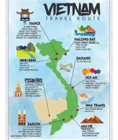 the vietnam travel route map is shown in blue and green colors, with different destinations on it