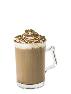 a glass mug filled with coffee and topped with whipped cream