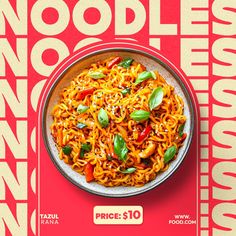 a bowl of noodles on a red and white background with the words noodleless noodles