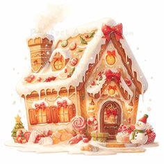 a watercolor painting of a gingerbread house with candy and candies around it