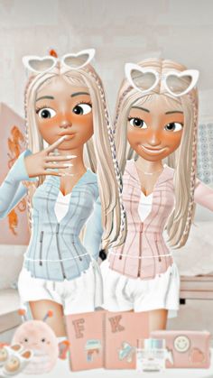 two cartoon girls standing next to each other in front of a table with donuts on it