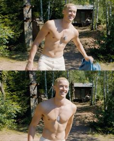 two pictures of a man with no shirt holding a frisbee in his hand