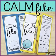 three bookmarks with the words calm file and an image of two books on them