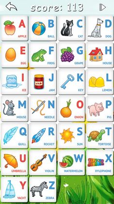 an english alphabet poster with pictures of animals and letters