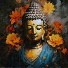 a painting of a buddha statue surrounded by flowers