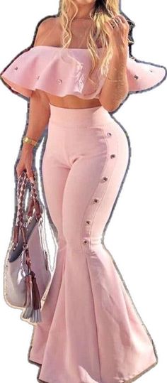 Trendy Matching Set Bottoms For Spring, Trendy Spring Matching Set Bottoms, Chic Pink Two-piece Set, Pink Casual Party Sets, Casual Pink Party Sets, Spring Pink Two-piece Set, Trendy Pink Two-piece Bottoms Set, Chic Pink Two-piece Bottoms Set, Trendy Wide Leg Pant Set For Spring