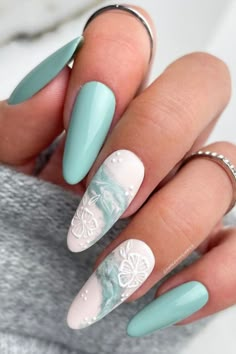 Turquoise Nails, Blue Nail Designs, White Nail Designs, Blue Nail, Easter Nails, Pastel Nails, Chic Nails, Nail Polishes, Best Acrylic Nails