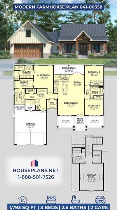 the floor plan for this house is shown in blue and white, with two car garages