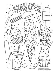 an ice cream coloring page with the words stay cool and various types of ice cream