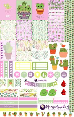 a variety of stickers with cactus and succulents on them in pink, green