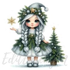 This adorable Christmas Tree Gnome clipart is perfect for your holiday-themed projects! The little gnome is dressed in a festive Christmas tree outfit, complete with garlands, ornaments, and a sparkling star on top. Her braided silver hair brings a touch of winter wonder. Accompanied by a mini Christmas tree, this clipart is great for holiday cards, decorations, digital planners, or any creative Christmas project. Add some whimsical cheer to your designs with this charming winter gnome. "What wi Gnome Christmas Drawing, Whimsical Christmas Art, Christmas Tree Outfit, Tree Gnome, Christmas Tree Fairy, Cute Christmas Decorations, Fairy Clipart, Gnome Clipart, Christmas Elves