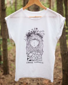 Inspirational T-shirt propagating a cruelty-free way of living. This kind and nature-loving lady will brighten up every day and help you share KINDNESS and EMPATHY with the rest of the world - I think we all need it now more than ever :)  A perfect gift for a vegan, vegetarian, animal activist, pacifist or anyone else who cares about animals and the future of our Planet :) PRODUCT TESTED ON HUMANS  ---------- Materials: - Super soft, High Quality 100% Cotton - Eco-friendly water based ink ---------- SIZE: Ladies T-shirt - Loose Fit: S - Half Chest: 45 cm, Body Length: 62 cm M - Half Chest: 49 cm, Body Length: 67 cm L - Half Chest: 53 cm, Body Length: 72 cm *Human being in the photos is 171cm tall (5′ 7 ft) and is wearing a Medium size T-shirt ---------------- 100% Environmentally Friendly Gift Tissue Paper, Hipster Gifts, Animal Activist, Choose Kindness, Woman Power, Power Animal, Tshirt Bag, Ladies T Shirt, Powerful Women