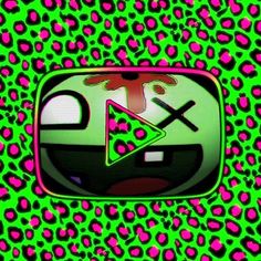 the tv is green and pink with leopard print on it's sides, as well as an x symbol