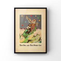 a framed poster with an image of a cat in a boat