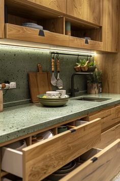 a kitchen with wooden cabinets and green counter tops, including an open drawer that holds utensils