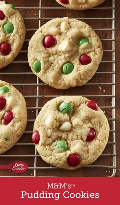 m & m's pudding cookies on a cooling rack with text overlay that reads m & m's pudding cookies