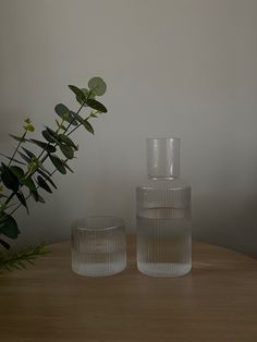 two clear glass vases sitting on top of a wooden table next to a potted plant