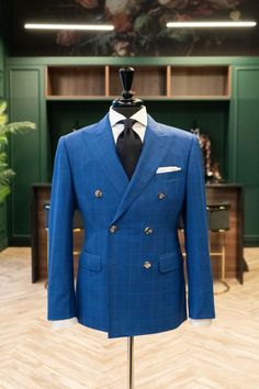 bold blue double breasted check suit with a black tie combination Black Tie, A Black