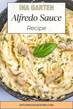 an image of alfredo sauce in a skillet with basil leaves on top and the title above it