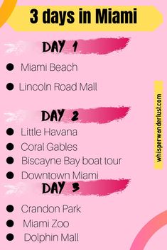 the 3 days in miami info sheet with pink and yellow text, including three different locations