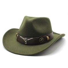 Dark Green Western Cowboy, Cowgirl Hat, Bull Horns Strap, Men Women Wide Brim Belt Buckles Men's, Cowboy Hut, Mens Cowboy Hats, Mens Fedora, Western Shop, Bull Horns, Western Cowboy Hats, Cow Head, Cowgirl Hat