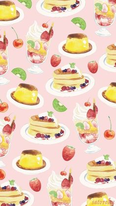 a pink background with desserts and fruit on plates