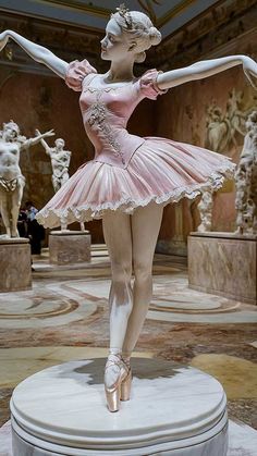 a statue of a ballerina in pink and white