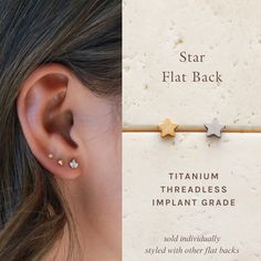 Flat Back Earrings * F136 implant-grade titanium * Hypoallergenic, waterproof 24/7 wear * 18k gold PVD plating * 6mm or 8mm post length * 18 gauge post thickness, 3mm round back * Push pin style is tension set, see instructions below * Star measures 3mm * Sold per earring (individually) Our Threadless Push Pin Flat Backs are made with ASTM F136 implant-grade titanium. Made for the most sensitive ears, hypoallergenic and waterproof. Push pin, labret style stud backs are inserted through the back Tension Setting, Flat Back Earrings, Titanium Earrings, Design Stamps, Night Wear, Stud Earrings Set, Push Pin, Sensitive Ears, Minimalist Earrings