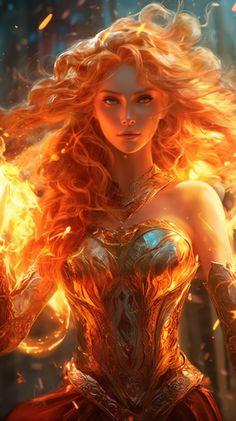 a woman with long blonde hair and fire in her hands