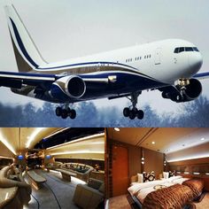 an airplane that is flying in the sky above some beds and couches with chairs around it