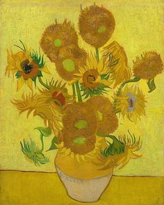 a painting of sunflowers in a vase on a table