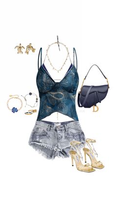 summer, summer outfits, summer outfit inspo, blue denim shorts, gold heels, dior bag, blue top styled, gold jewellery, gold jewellery styled, coastal, coastal summer, coastal summer outfits, summer aesthetic Gold Outfit Aesthetic, Dior Bag Blue, Coastal Summer Outfits, Gold Heels Outfit, Heels Dior, Denim Shorts Outfit, Coastal Summer, Halloween Party Outfits, Alt Outfits