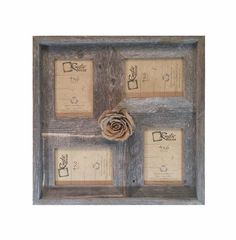 a wooden frame with three pictures and a flower on the bottom one is made out of wood