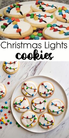 christmas lights cookies on a white plate with colorful sprinkles and the words, christmas lights cookies