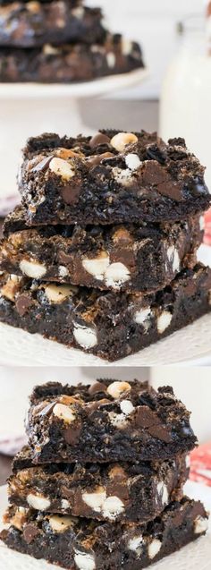 three different views of cookies and chocolate on a white plate with milk in the background