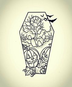 a black and white drawing of a vase with pumpkins, bats and trees in it