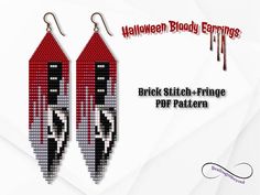 a pair of red and black earrings with the words brick stitch - fringe on it