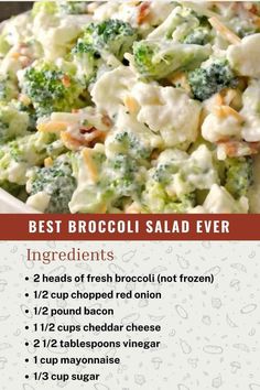 broccoli salad recipe with ingredients in a bowl on the side, labeled best broccoli salad ever