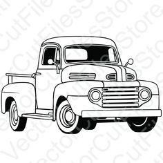 an old pickup truck is shown in this black and white drawing, with the hood up