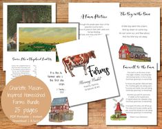 the farm brochure is displayed on top of a wooden table with other items