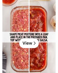 two images show the same food in different pans, one with meat mixture and the other with marinara sauce