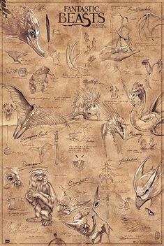 an old poster with many different animals on it's sides and the words fantastic beasts written