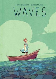 an image of a boy in a boat on the water with waves written above him