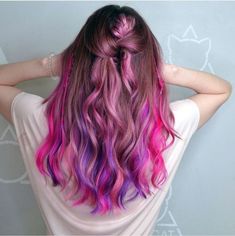 Purple And Pink Underneath Hair, Brown To Vivid Ombre, Hot Pink Dip Dye Hair, Pink And Purple Tips Hair, Bright Peekaboo Hair, Pink Purple Peekaboo Hair, Vivid Hair Color Underneath, Pink Bayalage Hair Brunette, Purple And Pink Balayage