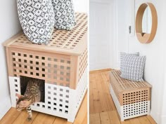 a cat house built into the side of a wall with pillows on it and a cat inside